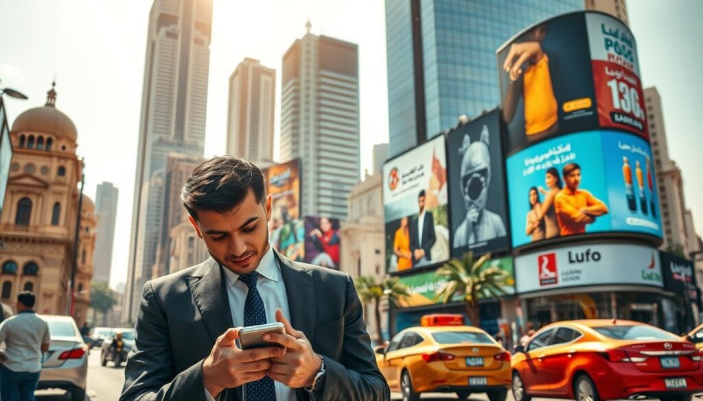 A bustling street scene in Cairo, Egypt, illustrating the concept of paid advertisements. In the foreground, a young professional man in smart business attire checks his smartphone, with focused intent on tracking ad performance. The middle ground features large, eye-catching billboards displaying colorful advertisements for various products and services targeted at the Egyptian market. In the background, traditional Egyptian architecture blends with modern skyscrapers, symbolizing the fusion of culture and commerce. The scene is bathed in warm, golden sunlight, evoking a vibrant and optimistic atmosphere. The image should capture a sense of activity and innovation in digital marketing strategies, focusing on the uniqueness of the Egyptian advertising landscape. A bustling street scene in Cairo, Egypt, illustrating the concept of paid advertisements. In the foreground, a young professional man in smart business attire checks his smartphone, with focused intent on tracking ad performance. The middle ground features large, eye-catching billboards displaying colorful advertisements for various products and services targeted at the Egyptian market. In the background, traditional Egyptian architecture blends with modern skyscrapers, symbolizing the fusion of culture and commerce. The scene is bathed in warm, golden sunlight, evoking a vibrant and optimistic atmosphere. The image should capture a sense of activity and innovation in digital marketing strategies, focusing on the uniqueness of the Egyptian advertising landscape.