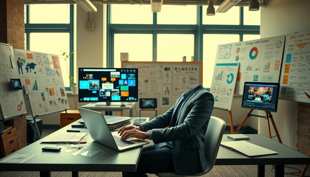 A creative workspace showcasing vibrant digital content development. Foreground features a confident professional in smart casual attire, intently working on a laptop, surrounded by colorful sketches and digital screens displaying engaging multimedia content. The middle ground includes whiteboards filled with brainstorming ideas, infographics, and mind maps about effective digital marketing strategies. The background showcases large windows letting in soft, natural light, illuminating the room and creating a warm, inspiring atmosphere. The overall mood is dynamic and innovative, embodying the essence of captivating digital content. The image captures a sense of collaboration and creativity, highlighting the importance of impactful content creation in digital marketing.