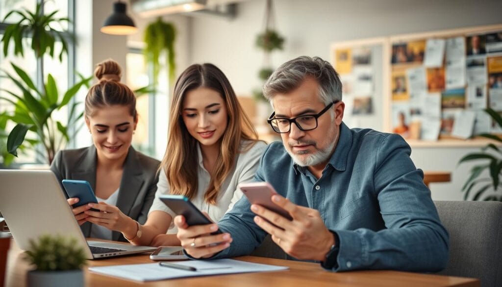 A diverse group of people actively engaged in searching for classified ads on their laptops and smartphones, showcasing a modern workspace with a cozy atmosphere. In the foreground, a focused young woman in smart casual attire intently scans her device, while a middle-aged man, also dressed professionally, reviews listings on his tablet with a look of concentration. The middle ground features a vibrant office space filled with plants and large windows that let in natural light, creating an inviting environment. In the background, soft lighting highlights a bulletin board displaying various ads, suggesting a bustling market. The overall mood should convey a sense of productivity and collaboration, emphasizing the effective strategies for navigating classified ad websites.