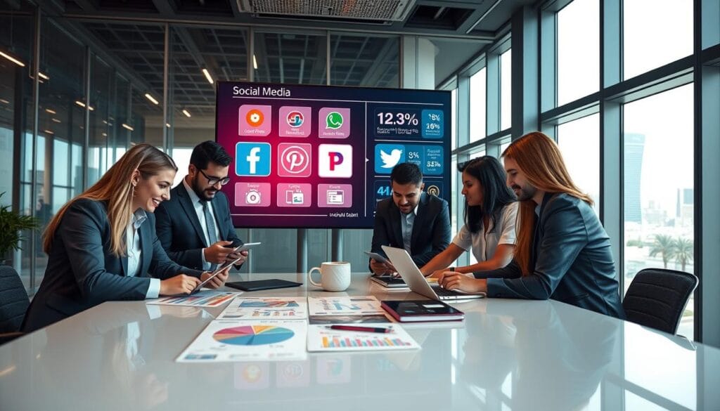 A dynamic and engaging scene depicting popular social media marketing strategies in Egypt. In the foreground, a diverse group of professionals in business attire are collaborating around a sleek table, analyzing vibrant infographics and charts showcasing social media metrics on digital tablets and laptops. In the middle ground, a large, interactive touchscreen displays icons of popular social media platforms like Facebook, Instagram, and Twitter, illustrating key features and statistics relevant to the Egyptian market. The background features a modern office environment with glass windows and city views, with soft, natural lighting streaming in. The atmosphere is energetic and professional, conveying innovation and teamwork in digital marketing strategies. A dynamic and engaging scene depicting popular social media marketing strategies in Egypt. In the foreground, a diverse group of professionals in business attire are collaborating around a sleek table, analyzing vibrant infographics and charts showcasing social media metrics on digital tablets and laptops. In the middle ground, a large, interactive touchscreen displays icons of popular social media platforms like Facebook, Instagram, and Twitter, illustrating key features and statistics relevant to the Egyptian market. The background features a modern office environment with glass windows and city views, with soft, natural lighting streaming in. The atmosphere is energetic and professional, conveying innovation and teamwork in digital marketing strategies.