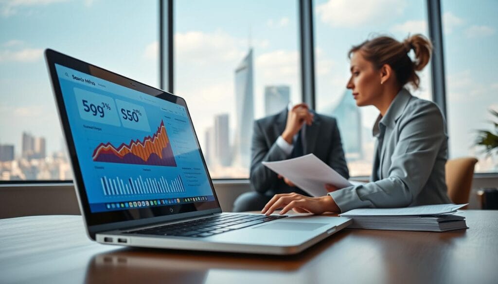 A dynamic digital workspace illustrating "Search Engine Optimization (SEO)" as an essential digital marketing strategy. In the foreground, a modern laptop displays a vibrant analytics dashboard featuring graphs and keywords, symbolizing data-driven decision-making. The middle layer shows a thoughtful professional in business attire, intently analyzing search metrics, surrounded by notes and strategy documents. In the background, a large window reveals a futuristic cityscape, symbolizing the expansive reach of digital presence. Soft, natural lighting fills the room, creating a warm, productive atmosphere. The camera angle is slightly above head level, focusing on the analysis process while showcasing the bustling city outside, evoking a sense of opportunity and growth in the digital landscape.