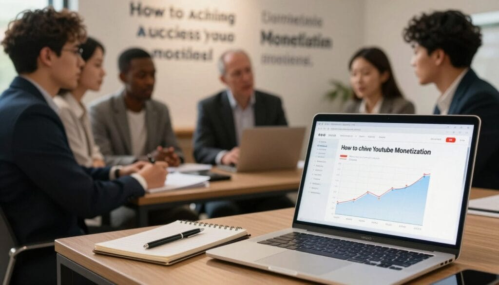 A focused scene depicting the concept of "How to Achieve YouTube Monetization" for a professional article. In the foreground, a laptop with a YouTube analytics dashboard open, showcasing graphs and metrics related to views and revenue growth. Beside the laptop, a notepad and pen, indicating planning and strategy. The middle ground features a diverse group of individuals in professional business attire, discussing strategies and sharing thoughts, emphasizing a collaborative atmosphere. In the background, a wall adorned with motivational quotes about success and digital entrepreneurship, subtly blurred to keep the focus on the foreground. Soft, warm lighting creates an inviting and motivational mood, with a lens angle that captures the essence of teamwork. Include the brand name "egxat" subtly integrated into the scene without obstructing the main elements.