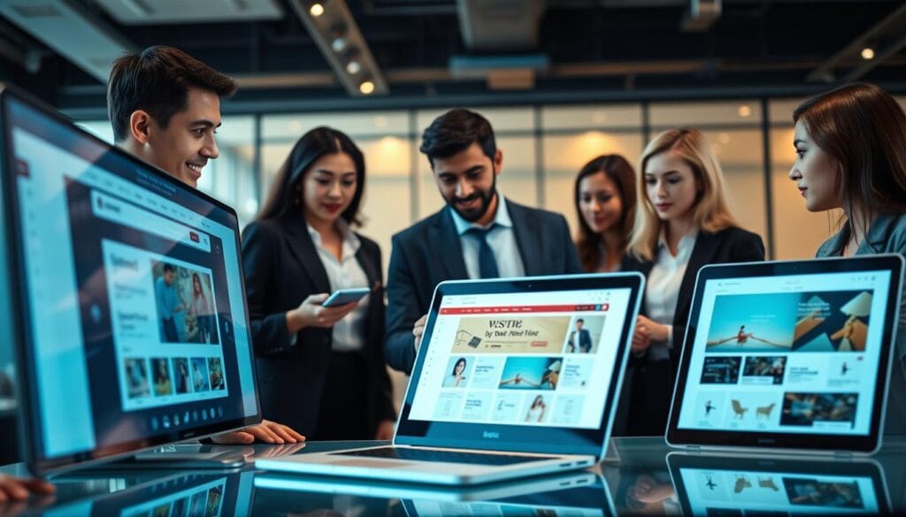 A modern digital workspace illustrating user experience improvements in e-commerce. In the foreground, a diverse group of professionals in business attire, engaged in collaboration around a sleek, high-tech digital display showcasing a user-friendly website interface. In the middle ground, a well-designed laptop and tablets displaying various e-commerce designs, emphasizing user-centric elements. In the background, an ambient office environment with soft, warm lighting, creating a productive atmosphere. The scene is shot from a slight angle to give depth, highlighting the interaction between users and technology, conveying a mood of innovation, creativity, and professionalism.