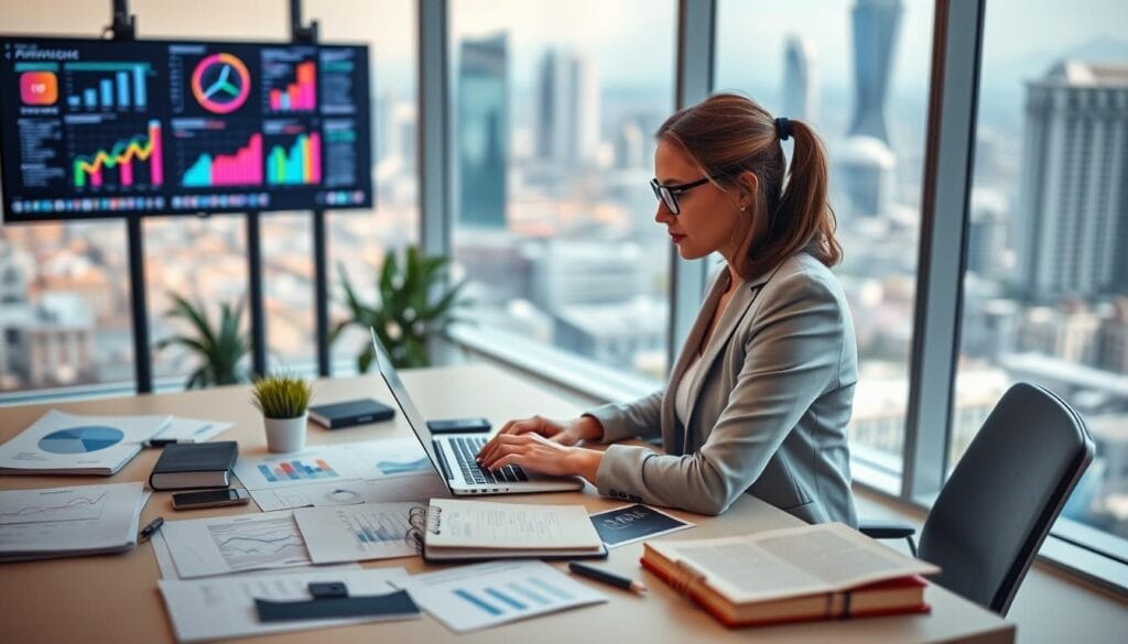 A modern office environment focused on marketing data analysis. In the foreground, a professional businesswoman wearing business attire is intently studying colorful graphs and charts on her laptop, surrounded by digital screens displaying analytics data. In the middle, a spacious desk cluttered with charts, a smartphone, and a notepad filled with notes on marketing strategies. The background features a large window with a view of a bustling cityscape, suggesting the Egyptian market. Soft, natural light spills into the room, creating an inviting and concentrated atmosphere. Use a shallow depth of field to emphasize the subject while keeping the background slightly blurred, conveying the importance of data in successful online marketing. كيف تنجح في التسويق الإلكتروني؟