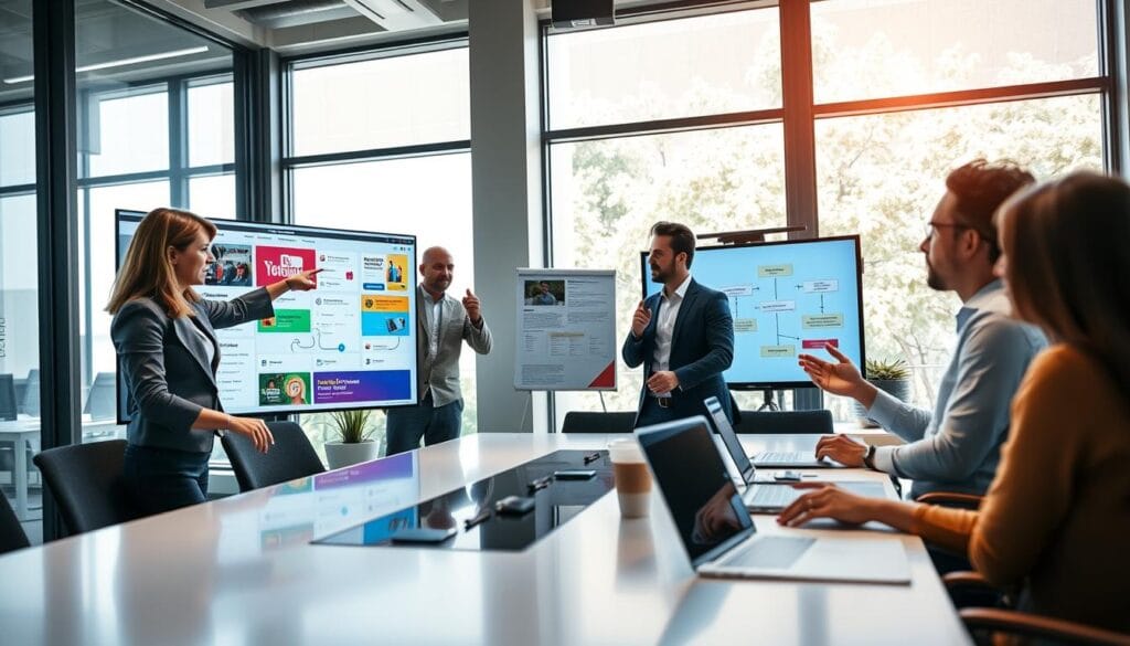 A modern office environment with a diverse group of professionals discussing user experience design around a sleek conference table. In the foreground, a woman in business attire points at a large screen displaying user interface mockups, showing intuitive navigation and vibrant colors. In the middle, a man in a smart casual outfit takes notes, while another professional gestures towards a flowchart representing user journey mapping. The background features large windows with natural light pouring in, giving a fresh and inviting atmosphere. The overall mood is collaborative and innovative, emphasizing the importance of user experience in website ranking. Use a wide-angle perspective to capture the dynamic interaction and creativity in the space, ensuring a clear focus on the teamwork and technology improving user engagement.