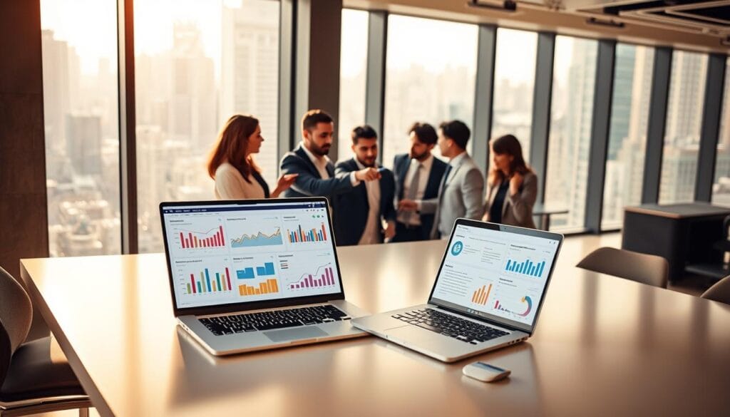 A modern office setting with a sleek desk in the foreground, featuring a laptop open to an email marketing platform displaying colorful graphs and charts. In the middle, a diverse group of professionals, dressed in smart business attire, collaborate around the desk, one pointing at the screen while others take notes. The background shows large windows with a view of a bustling cityscape, indicating a vibrant market environment. Warm, natural lighting floods the room, casting soft shadows and creating an inviting atmosphere. The overall mood should be one of focus and innovation, emphasizing teamwork and creativity in email marketing campaigns targeting the Egyptian market. A modern office setting with a sleek desk in the foreground, featuring a laptop open to an email marketing platform displaying colorful graphs and charts. In the middle, a diverse group of professionals, dressed in smart business attire, collaborate around the desk, one pointing at the screen while others take notes. The background shows large windows with a view of a bustling cityscape, indicating a vibrant market environment. Warm, natural lighting floods the room, casting soft shadows and creating an inviting atmosphere. The overall mood should be one of focus and innovation, emphasizing teamwork and creativity in email marketing campaigns targeting the Egyptian market.