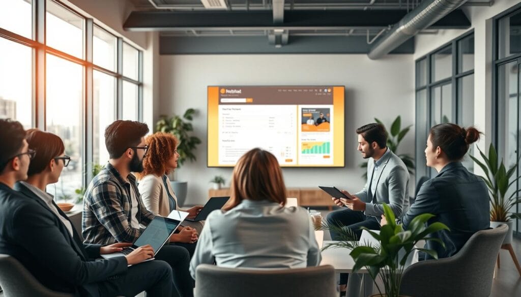 A modern office space showcasing a seamless user experience on a website. In the foreground, a diverse group of professionals, dressed in smart casual clothing, are engaged in a lively discussion about website feedback, analyzing data on laptops and tablets. In the middle, a large digital screen displays an intuitive website interface with user-friendly navigation and vibrant colors. The background features a sleek, well-lit workspace with minimalistic furniture and plants, symbolizing a productive atmosphere. Soft, warm lighting creates an inviting and collaborative mood, with sunlight streaming through large windows. The focus is on the interaction and positive engagement among the team, illustrating effective complaint handling and responsiveness to user opinions.