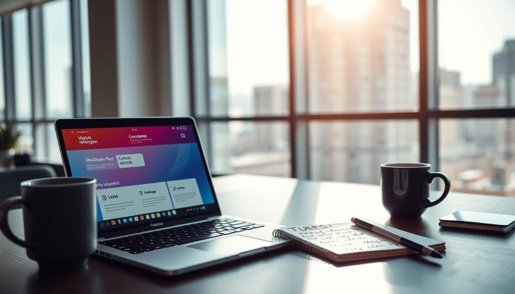A modern, professional workspace showing a web developer's desk setup. In the foreground, a laptop displays a vibrant website design featuring contact information fields such as phone number, email address, and social media icons. The middle ground showcases a notepad with handwritten notes on website development tips and a coffee cup, suggesting a productive atmosphere. The background includes a large window with natural light streaming in, illuminating the space and creating a bright, inviting mood. Soft shadows enhance depth, and a blurred cityscape outside the window adds context of an urban environment. The image conveys focus, creativity, and professionalism, ideal for a technical article.
