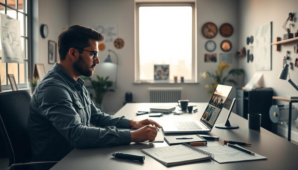 A modern workspace depicting a professional engineer creating a website. In the foreground, a focused engineer, dressed in smart casual attire, is sitting at a sleek desk with a laptop open, showcasing an engaging website layout. On the desk, various design tools and a notebook filled with effective content ideas are scattered. In the middle background, a large window allows soft, natural light to pour in, illuminating the scene and creating a productive atmosphere. The walls are adorned with engineering diagrams and awards, emphasizing professionalism and creativity. The mood is one of inspiration and focus, encouraging effective content writing for an engineering website. The angle captures the engineer's concentration while highlighting the beauty of the workspace.