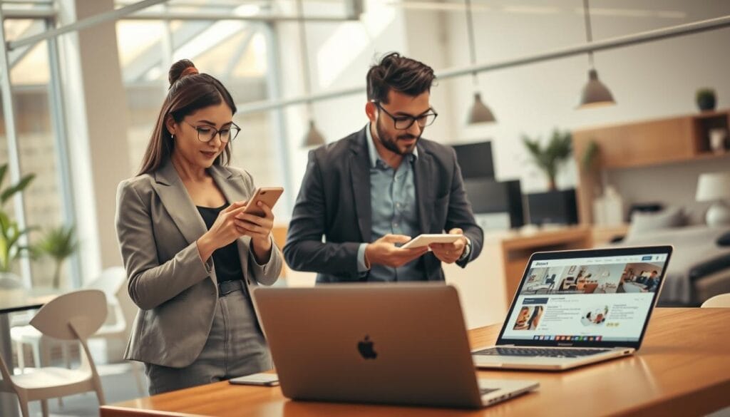 A professional and secure online marketplace scene, showcasing individuals engaged in safe transactions. In the foreground, a confident businesswoman in smart attire is inspecting a smartphone, looking intrigued by a classified ad. Nearby, a man in casual yet professional clothing is discussing terms with a buyer, featuring a laptop open on a table displaying a marketplace website. The middle ground includes items being exchanged, such as furniture and electronics, arranged neatly. The background captures a bright, airy environment filled with natural light, possibly in a modern café. Soft, warm lighting creates an inviting atmosphere, emphasizing professionalism and trust. The overall mood should convey clarity, safety, and assurance in online transactions.