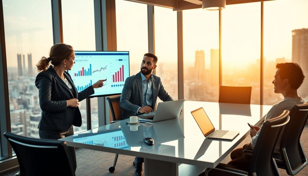 A professional business setting showcasing a diverse team of three individuals engaged in a productive meeting. In the foreground, a woman in smart business attire points to a vibrant digital screen displaying graphs and charts representing online traffic and sales growth strategies. In the middle, a man is seated at a sleek conference table with a laptop open, analyzing data, while a second woman stands beside him, offering insights. The background features a modern office with large windows letting in natural light, highlighting a city skyline. The atmosphere conveys collaboration, innovation, and focus, with a warm, inviting color palette. The composition captures the essence of achieving online goals and converting website visits into sales.