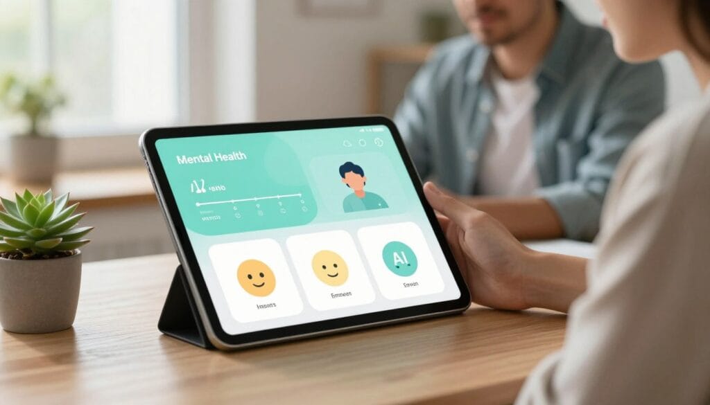 A serene and modern mental health app interface displayed on a sleek tablet, resting on a tranquil workspace desk adorned with a small succulent plant. In the foreground, the app features soothing colors and intuitive icons representing mindfulness, emotions tracking, and AI assistance. In the middle ground, a professional individual in modest casual clothing, engaged with the app, displaying a calm and focused expression. The background reveals a softly lit room with natural light filtering through a window, casting gentle shadows, enhancing the peaceful atmosphere. The overall mood conveys wellness and serenity, emphasizing the importance of mental health through technology, highlighting a harmonious balance between AI and personal well-being.