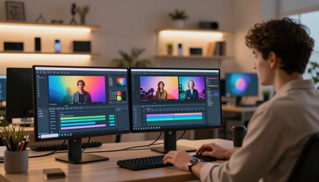 A sleek digital workspace showcasing various free artificial intelligence video creation platforms. In the foreground, a modern computer setup with multiple screens displaying colorful interfaces of AI video tools, like editing timelines, clips, and graphics. The middle ground features a professional person in modest casual attire, focused on the screens, engaging with the technology. In the background, softly lit shelves display tech gadgets and creative resources, promoting an innovative atmosphere. The ambient lighting is warm, creating a cozy yet tech-savvy environment. The perspective is slightly angled, providing depth to the scene. Overall, the image conveys a mood of creativity and technological advancement in video production.