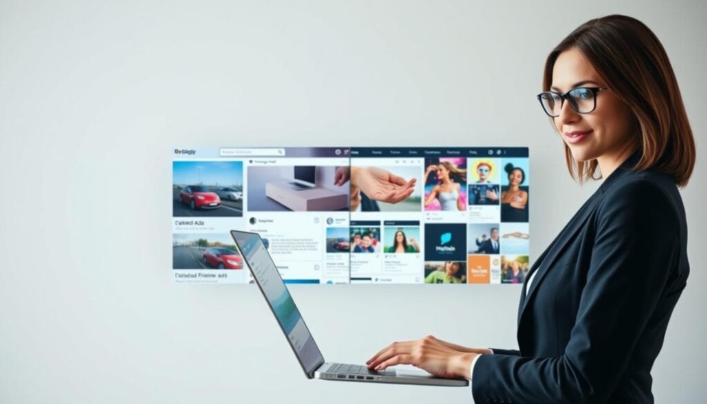 A split scene illustrating a comparison between classified ad websites and social media platforms. In the foreground, depict a confident professional woman in smart business attire using a laptop displaying categorized ads on one side and social media feeds on the other. In the middle ground, include a digital interface of a popular classified ads site with clear categories for cars, furniture, and jobs, juxtaposed with vibrant social media posts showcasing lifestyle content. The background should feature a soft gradient, transitioning from the structured layout of the classified ads to the dynamic, colorful nature of social media, creating a comparative mood. Use soft lighting to evoke a professional atmosphere, with a slightly overhead angle to capture both screens effectively.