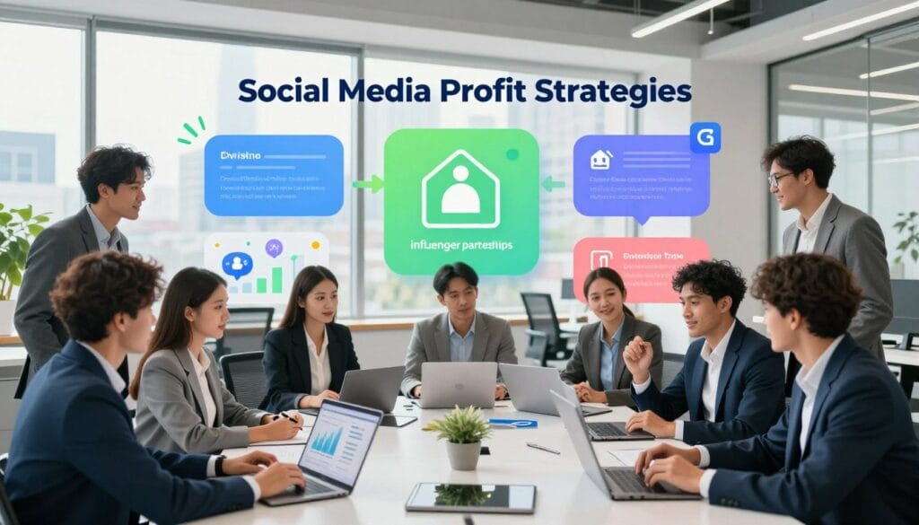 A vibrant and dynamic digital workspace scene showcasing "Social Media Profit Strategies." In the foreground, a diverse group of professionals in business attire, including men and women, are engaged in a lively brainstorming session, surrounded by laptops and tablets displaying graphs and analytics. In the middle layer, there are colorful infographics and social media icons illustrating various strategies like engagement, advertising, and influencer partnerships. The background features a sleek modern office with large windows, allowing natural light to flood the space and create an inspiring atmosphere. The color palette should include bright blues and greens to evoke feelings of innovation and optimism. The overall mood is energetic and collaborative, perfect for representing strategies to increase profits on social media platforms. Include the brand name "egxat" subtly in the scene.