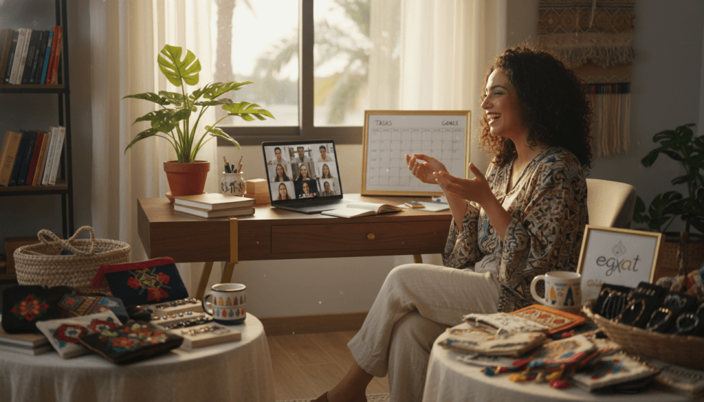A cozy and inviting home office setup showcasing a successful woman working on her home-based business. In the foreground, a proud Egyptian woman in modest casual clothing, engaged in lively conversation via video call on her laptop, surrounded by colorful handmade crafts and products displayed for sale. The middle ground features a stylish desk adorned with organizational tools, stationery, and a small plant, enhancing the entrepreneurial spirit. In the background, a window letting in warm, golden sunlight, illuminating the space and creating a soft, inspiring atmosphere. The setting conveys a sense of productivity, creativity, and empowerment, emphasizing the importance of women's home businesses in Egypt. Soft focus on the background elements for a professional depth of field, creating an approachable yet dynamic mood. Brand name "egxat" subtly incorporated into the decor.
