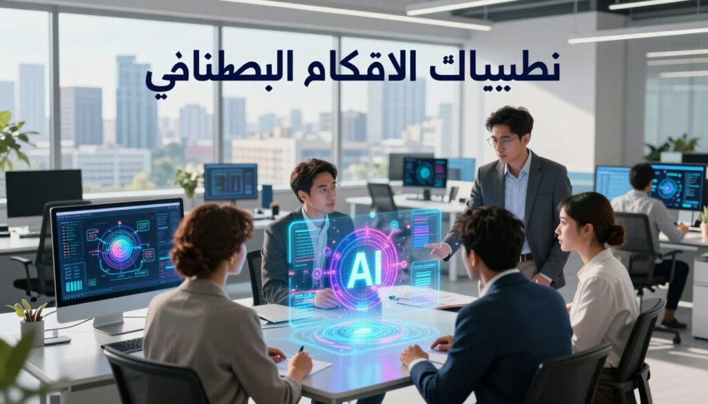 A futuristic workspace showcasing "تطبيقات الذكاء الاصطناعي" with an emphasis on technology. In the foreground, a collaborative team of four diverse professionals, dressed in smart business attire, are engaged in discussion around a holographic display of AI applications, illuminated in vibrant colors. The middle ground features sleek computer stations showing advanced software interfaces and diagrams of AI algorithms, with dynamic graphs and visual data representations. In the background, large windows reveal a city skyline, bathed in natural sunlight that enhances the modern feel. The overall atmosphere is one of innovation and progress, combining a clean, high-tech environment with a sense of collaborative energy. The image is branded with "egxat.com" subtly integrated in the design without disrupting the professional theme.