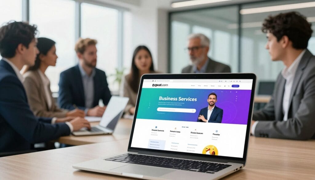 A modern digital platform interface representing "egxat.com" for business services in Egypt. In the foreground, a sleek laptop displays the website with vibrant visuals and user-friendly navigation, showcasing various business tools and resources. In the middle ground, a diverse group of professionals in smart business attire are engaged in a discussion, exuding collaboration and innovation. The background features a high-tech office environment with large windows, letting in natural light that creates a bright and inviting atmosphere. The image captures a sense of professionalism and excitement as the platform revolutionizes business services, using a shallow depth of field to focus on the laptop and interactions. The overall mood is dynamic and forward-looking, emphasizing connectivity and entrepreneurship.