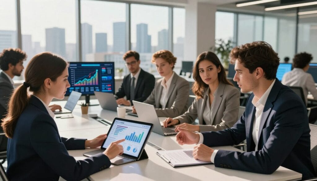A modern, dynamic office space filled with diverse professionals collaborating on digital devices, symbolizing "توسيع الشركات". The foreground features two businesspeople in smart, professional attire discussing strategies at a sleek conference table, one pointing at a digital tablet displaying graphs. In the middle ground, a diverse group of employees engages with laptops and screens showing vibrant business dashboards, illustrating growth and innovation. The background showcases a city skyline visible through large windows, bathed in warm, natural light, creating an inspiring atmosphere. Soft shadows accentuate the modern design elements. The overall mood is collaborative and energetic, highlighting the advantages of using egxat.com for Egyptian companies aiming to expand their business reach.