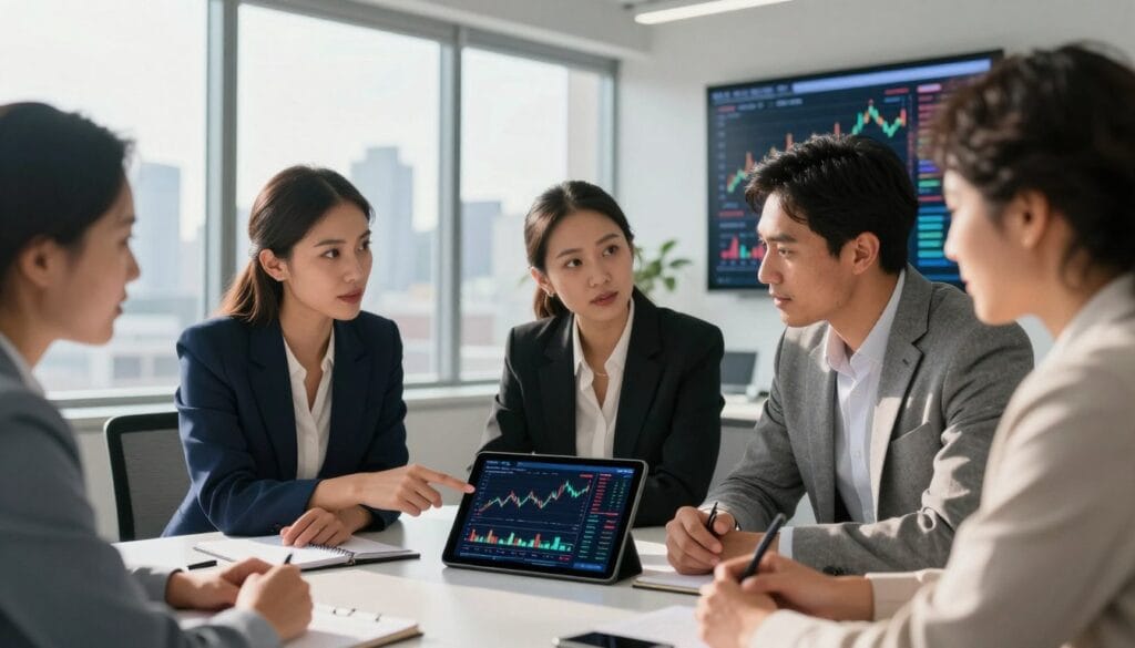 A modern, professional investment market analysis scene depicting a diverse group of business professionals engaged in a lively discussion around a digital tablet displaying graphs and charts. In the foreground, a serious-looking woman in a navy blazer points to the data, while a man in a grey suit listens intently, taking notes. The middle ground features a sleek, contemporary office with a large window overlooking a city skyline, bathed in natural sunlight creating a bright, optimistic atmosphere. The background showcases a digital display board with analytics on market trends. The mood is focused and collaborative, reflecting a sense of urgency and opportunity. The image should be high-resolution, with soft lighting emphasizing the thoughts and analysis, capturing the essence of investment market trends for 2026. Include the brand "egxat.com" subtly integrated within the office environment.