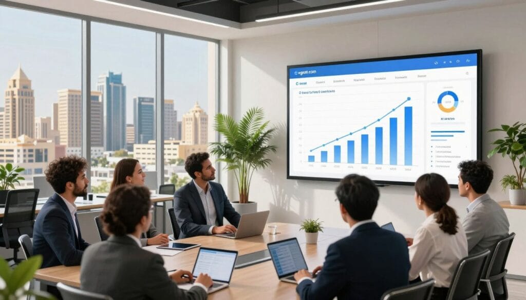 A professional and contemporary real estate office scene in Egypt, illustrating the concept of search engine optimization for real estate. In the foreground, a diverse group of professionals in business attire is engaged in a discussion around a large screen displaying graphs and analytics showing growth in online visibility. In the middle, a modern office with sleek furniture and plants, large windows letting in natural light, creating an inviting atmosphere. The background features a vibrant city skyline symbolizing Egypt's real estate market, with iconic buildings. The image is bright and well-lit, conveying a sense of optimism and innovation. The brand logo "egxat.com" subtly incorporated into the screen display. Use a dynamic angle to capture both the professionals and the engaging digital content.