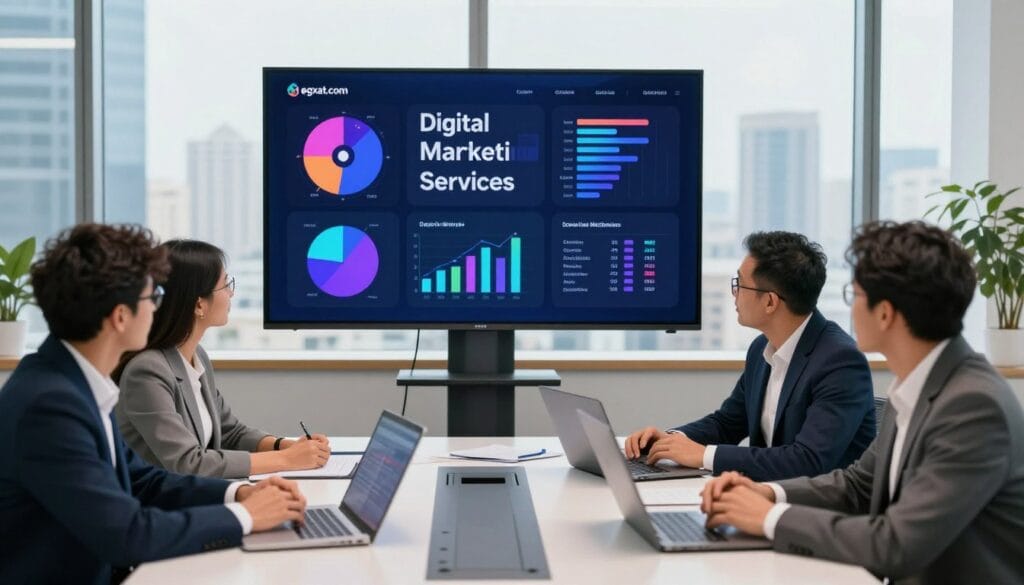 A professional business setting showcasing digital marketing services. In the foreground, focus on a diverse group of professionals, dressed in business attire, engaged in a strategic discussion around a modern conference table with laptops and digital devices. The middle ground features a large screen displaying vibrant infographics and social media metrics, representing the effectiveness of digital marketing. The background includes glass windows revealing a city skyline, symbolizing connectivity and progress. Bright, natural lighting floods the room, creating an optimistic atmosphere. The image incorporates subtle branding for "egxat.com" as part of the digital content on the screen, reinforcing the theme of business services in Egypt.