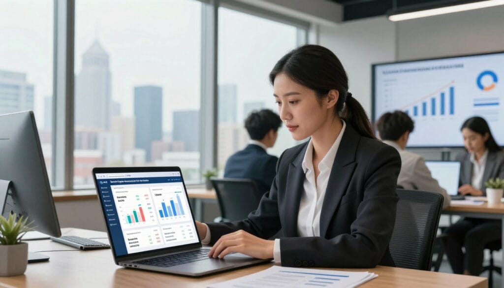 A professional setting illustrating "Search Engine Optimization for Real Estate" in a modern office environment. In the foreground, a confident businesswoman in professional attire studies a detailed digital marketing report on her laptop, surrounded by graphics showcasing keyword analytics and website rankings. In the middle ground, there is a large window revealing a city skyline, symbolizing growth and opportunity in real estate. The background features a team of professionals collaborating, discussing strategies with digital devices and charts displaying increasing trends in real estate listings. Soft, natural lighting filters through the window, creating a motivational atmosphere. Incorporate subtle references to "egxat.com" in the digital marketing materials. Focus on clarity and professionalism to convey the impact of effective SEO strategies in the real estate sector.