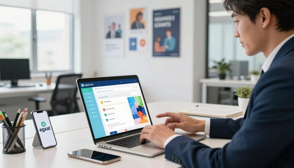 A professional workspace scene depicting the setup of a company profile on the digital platform egxat.com. In the foreground, a confident businessman in a smart suit is focused on a laptop, interacting with a vibrant, user-friendly interface showing company registration steps. The middle ground features a clean desk with modern office supplies and a smartphone displaying the egxat.com logo. The background reveals a bright, well-designed office space with motivational posters related to business success and entrepreneurship. Soft, natural lighting streams through large windows, creating an inviting and productive atmosphere. The overall mood is one of professionalism and innovation, suitable for a business audience.