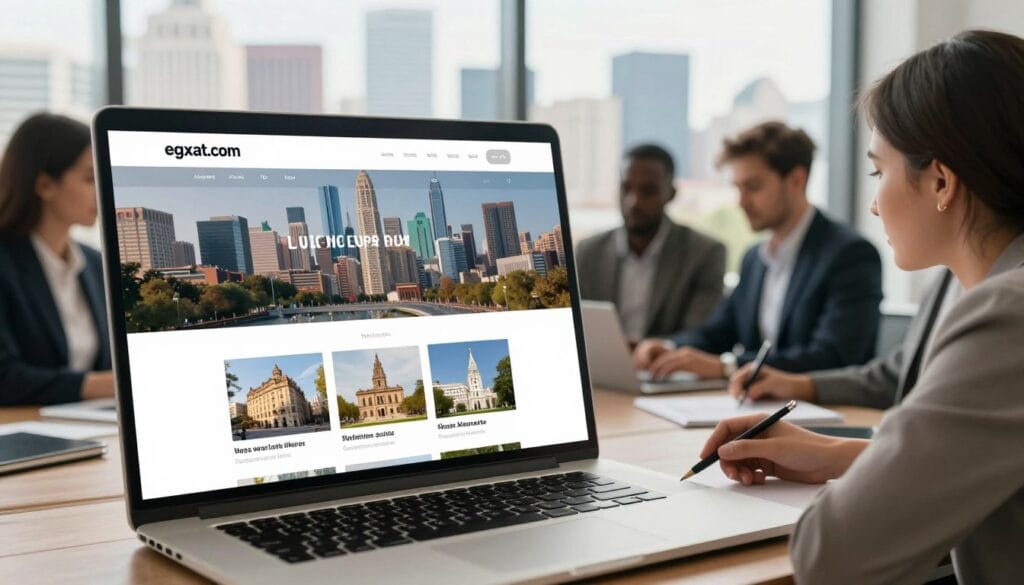 A sophisticated real estate website design featuring a sleek, modern interface showcasing property listings in an urban setting. In the foreground, a laptop displays the home page of "egxat.com" with appealing visuals of various properties, elegantly arranged. In the middle ground, a diverse team of professional individuals in business attire collaborates around a stylish conference table, discussing marketing strategies. The background features a scenic city skyline, symbolizing urban living and investment opportunities. Soft, natural lighting illuminates the scene, creating a warm, inviting atmosphere. The image should have a clear focus on the website design and the collaborative team setting, with a subtle depth of field to enhance the professional mood.