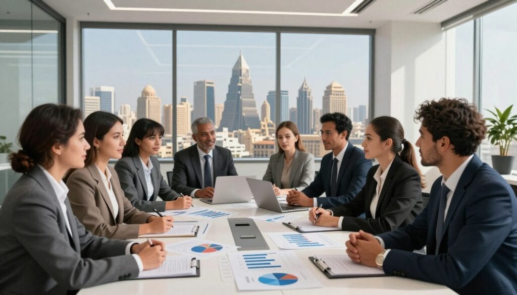A vibrant and detailed image showcasing effective real estate marketing strategies in the Egyptian market. In the foreground, a diverse group of professionals in smart business attire are engaged in a collaborative discussion around a modern conference table, using charts and graphs displaying trends in the Egyptian real estate market. In the middle, a large window reveals a panoramic view of Cairo's skyline, featuring iconic landmarks, symbolizing growth and investment opportunities. The background should depict a sleek and contemporary office environment with natural light pouring in, casting soft shadows that enhance the atmosphere of productivity and innovation. The mood is professional and optimistic, emphasizing collaboration and strategic planning in real estate. Include subtle branding of “egxat.com” as a watermark on a screen in the background.