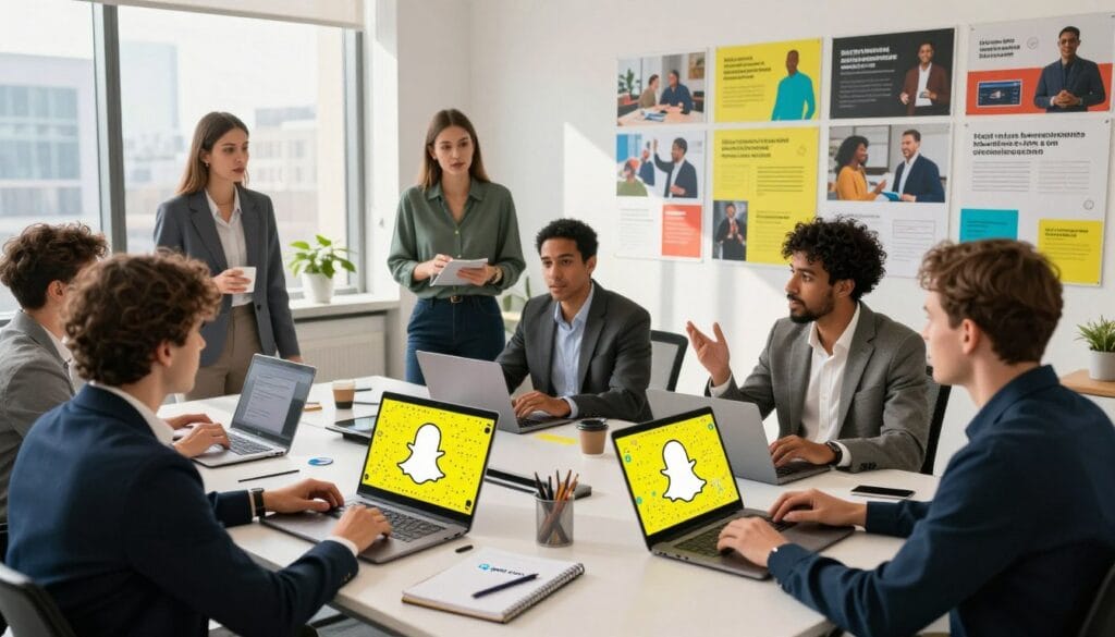 A vibrant and engaging office scene focusing on digital marketing strategies for Snapchat advertising. In the foreground, a diverse group of professionals, dressed in smart business attire, are brainstorming around a large table covered with laptops and digital devices. They are animatedly discussing strategies, with digital mockups of Snapchat ads displayed on their screens. The middle ground features a wall filled with colorful charts and photographs showcasing successful ad campaigns, creating an inspiring atmosphere. In the background, large windows allow natural light to flood the room, casting soft shadows, while city views hint at market reach. The overall mood is dynamic and innovative, capturing the excitement of effective advertising strategies. Include subtle branding elements, like a logo of "egxat.com" on a notebook on the table.