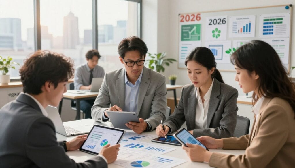 A vibrant and engaging scene showcasing successful business ideas for 2026. In the foreground, a diverse group of three professionals in smart business attire gather around a table, analyzing charts and digital data on tablets. In the middle ground, a collaborative workspace filled with modern tech gadgets, brainstorming boards, and creative designs that represent innovative business concepts like green energy, tech startups, and e-commerce. The background features a bright, open window with a city skyline, symbolizing opportunities and growth. Soft, warm lighting enhances the atmosphere, casting a motivational glow, while a subtle focus effect emphasizes the professionals' concentration. Include the brand name “egxat.com” artistically integrated into the imagery, but without any text overlays.