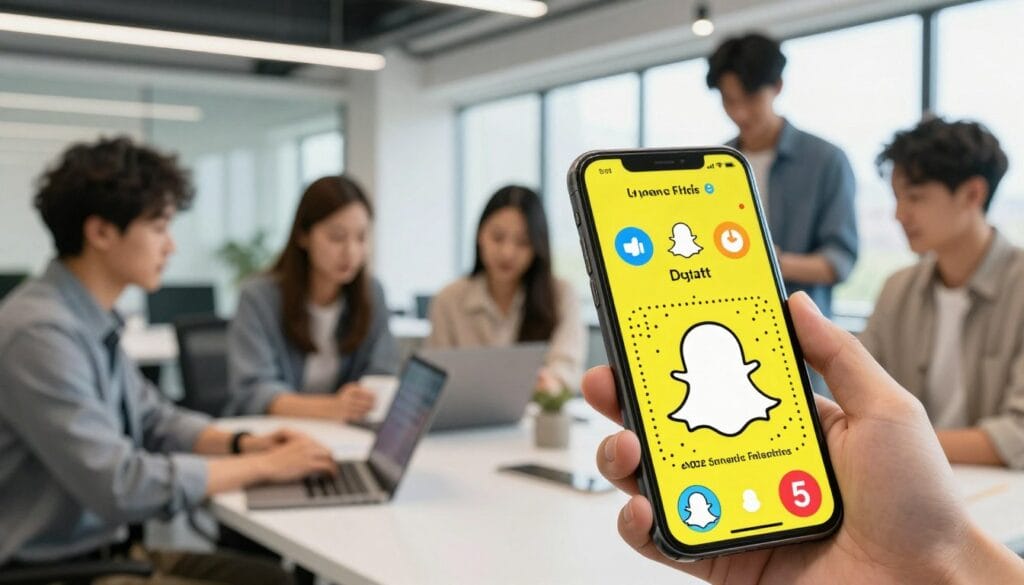 A vibrant and engaging scene showcasing various Snapchat ad formats, ideal for an article focused on promotional opportunities. In the foreground, a user-friendly smartphone displays colorful Snapchat ads, emphasizing features like dynamic filters and interactive elements. The middle ground includes diverse individuals in professional attire, examining and discussing these ads, pooling ideas and creativity. The background consists of a sleek, modern office space with bright lighting, large windows letting in natural light, and soft-focus elements to maintain contextual relevance. The atmosphere is energetic and collaborative, capturing the essence of digital marketing in a contemporary workspace. Showcase the brand name "egxat.com" subtly on the smartphone screen.