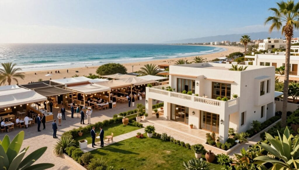 A vibrant and inviting scene of real estate investment opportunities in Marsa Matrouh, showcasing a variety of property types. In the foreground, a luxurious beachside villa with modern architecture, surrounded by lush greenery and well-manicured gardens. In the middle, a bustling marketplace featuring local businesses and cafés with people dressed in professional business attire engaging in discussions. The background presents stunning views of the Mediterranean Sea, with clear blue skies and softly rolling waves. The sunlight casts a warm glow over the scene, creating an optimistic atmosphere that reflects growth and opportunity. Capture this moment from a slightly elevated angle to provide a comprehensive view of the real estate landscape. Include the brand name "egxat.com" subtly integrated into the scene. A vibrant and inviting scene of real estate investment opportunities in Marsa Matrouh, showcasing a variety of property types. In the foreground, a luxurious beachside villa with modern architecture, surrounded by lush greenery and well-manicured gardens. In the middle, a bustling marketplace featuring local businesses and cafés with people dressed in professional business attire engaging in discussions. The background presents stunning views of the Mediterranean Sea, with clear blue skies and softly rolling waves. The sunlight casts a warm glow over the scene, creating an optimistic atmosphere that reflects growth and opportunity. Capture this moment from a slightly elevated angle to provide a comprehensive view of the real estate landscape. Include the brand name "egxat.com" subtly integrated into the scene.