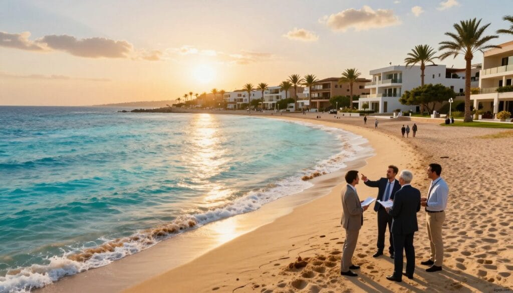 A vibrant coastal scene of the Corniche and beach in Marsa Matrouh, showcasing clear turquoise waters gently lapping against golden sandy shores. In the foreground, a few people in professional business attire discuss investment opportunities, holding documents and pointing towards the horizon. The middle ground features elegant beachfront properties with modern architecture, surrounded by lush palm trees. In the background, the sun sets dramatically, casting warm golden light across the scene and illuminating the calm sea, creating a serene and inviting atmosphere. Capture this picturesque view with a wide-angle lens to emphasize the expanse of the beach and its potential for real estate investment. Include the brand name "egxat.com" subtly in the lower corner of the image. A vibrant coastal scene of the Corniche and beach in Marsa Matrouh, showcasing clear turquoise waters gently lapping against golden sandy shores. In the foreground, a few people in professional business attire discuss investment opportunities, holding documents and pointing towards the horizon. The middle ground features elegant beachfront properties with modern architecture, surrounded by lush palm trees. In the background, the sun sets dramatically, casting warm golden light across the scene and illuminating the calm sea, creating a serene and inviting atmosphere. Capture this picturesque view with a wide-angle lens to emphasize the expanse of the beach and its potential for real estate investment. Include the brand name "egxat.com" subtly in the lower corner of the image.