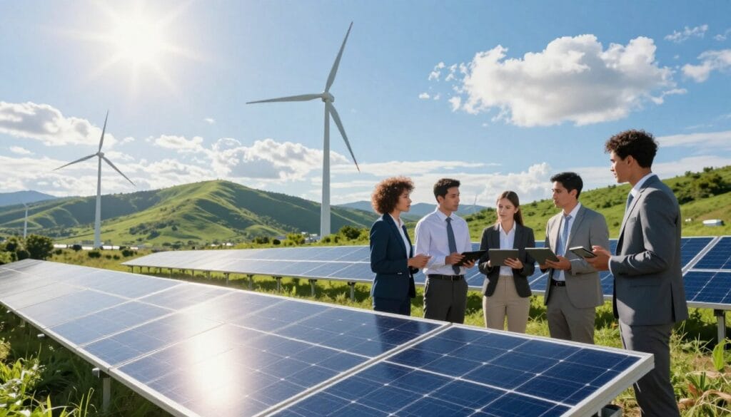 A vibrant landscape showcasing modern renewable energy projects. In the foreground, feature sleek, futuristic solar panels glistening under a bright sun, while a wind farm with elegantly designed turbines spins in the gentle breeze. In the middle ground, include a team of diverse professionals in business attire engaged in discussions, analyzing data on tablets, emphasizing collaboration and innovation. The background should consist of lush green hills, symbolizing eco-friendliness, with a clear blue sky dotted with fluffy clouds. Use bright, immersive lighting to evoke a sense of hope and sustainability. The angle should be slightly elevated, providing a panoramic view of the landscape. The overall mood should reflect a promising future for renewable energy. Include the brand name "egxat.com" subtly integrated into the scene.