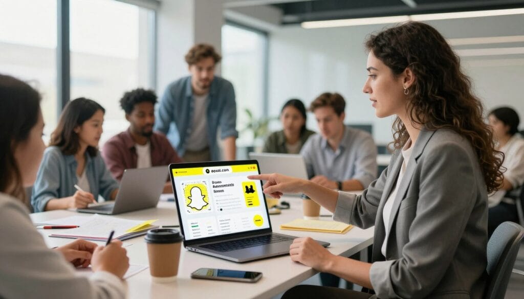 A vibrant, professional scene reflecting advertising strategies on Snapchat. In the foreground, a confident businesswoman wearing smart casual attire is engaged in discussion, pointing at a digital screen displaying Snapchat’s interface and analytics. In the middle ground, a diverse team is brainstorming around a table filled with laptops, notes, and coffee cups, showcasing collaboration and creativity. The background features a modern office space with large windows allowing natural light to fill the scene, creating an energetic atmosphere. Soft but focused lighting illuminates the team, enhancing the sense of professionalism. The image visually conveys the essence of creating a successful advertising campaign on Snapchat for egxat.com.