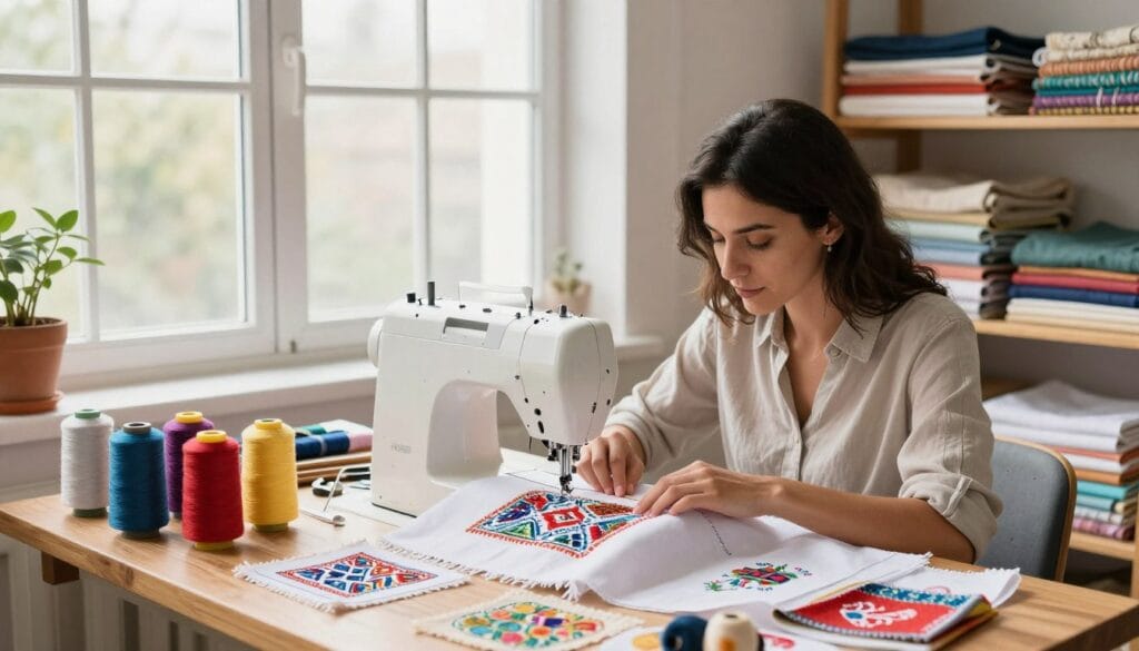 A vibrant sewing and embroidery workspace featuring a neatly organized sewing machine on a wooden table, colorful spools of thread, and intricate fabric designs scattered across the surface. In the foreground, a skilled woman wearing modest, professional attire focuses intently on her embroidery project, showcasing traditional patterns and modern designs. The middle ground includes a large window letting in soft, natural light, illuminating the array of textile materials. In the background, shelves are filled with neatly folded fabrics and tools of the trade. The atmosphere is warm and inviting, reflecting creativity and craftsmanship. The scene should evoke a sense of entrepreneurial spirit and empowerment for women pursuing home-based sewing projects. Include a subtle brand logo 'egxat' on the sewing machine.
