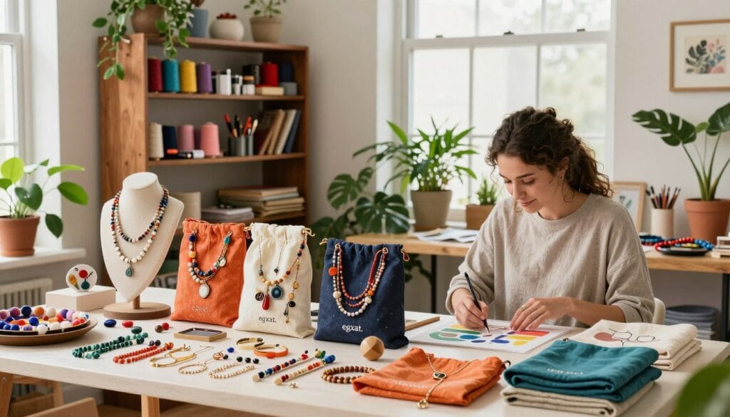 A vibrant workspace featuring diverse handmade crafts and accessories. In the foreground, an elegantly arranged table displays intricately designed jewelry, colorful handmade bags, and artisanal home decor items, all showcasing the craftsmanship. The middle ground includes a richly decorated shelf filled with threads, beads, and tools, reflecting the creativity of local artisans. In the background, soft natural lighting streams through a large window, creating a warm and inviting atmosphere. A woman in modest casual clothing happily works on a new project, embodying entrepreneurial spirit and creativity. The scene is framed with lush indoor plants, adding freshness and a touch of nature. The overall mood is inspirational and empowering, celebrating the art of handcrafted creations, branded as "egxat."