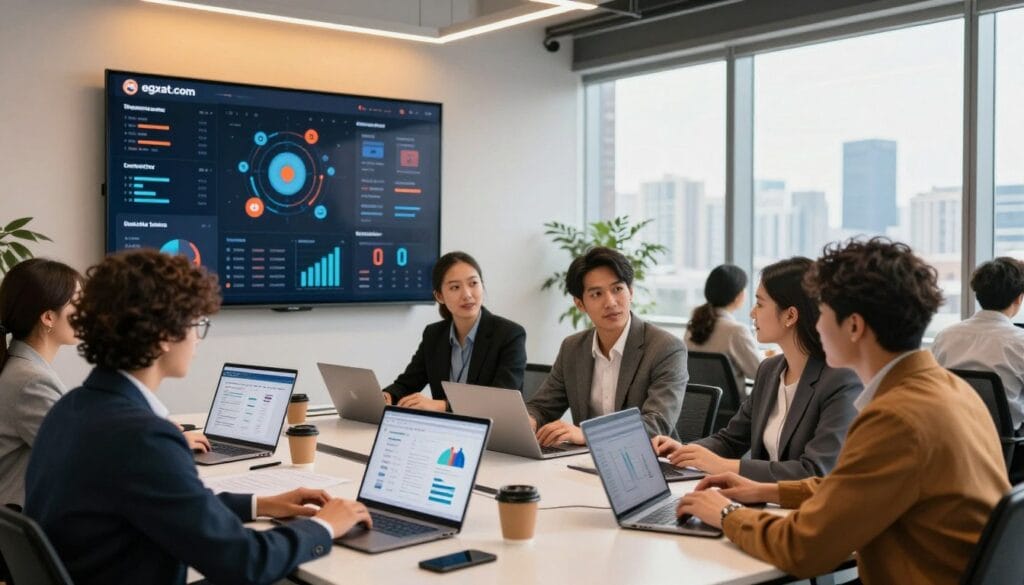 A vibrant workspace set in a modern office environment, showcasing the essence of e-commerce and digital marketing. In the foreground, a diverse group of professionals in smart business attire are engaged in discussion around a sleek table, with laptops open and digital marketing charts displayed on screens. The middle ground features a large interactive digital dashboard illustrating e-commerce statistics and trends, with icons representing online shopping, social media, and marketing strategies. In the background, a bright window reveals a city skyline, symbolizing growth and opportunity. The lighting is warm and inviting, with a focus on clarity and professionalism, suggesting a mood of innovation and collaboration. Prominently include the brand logo "egxat.com" as part of the office decor, seamlessly integrated into the workspace.