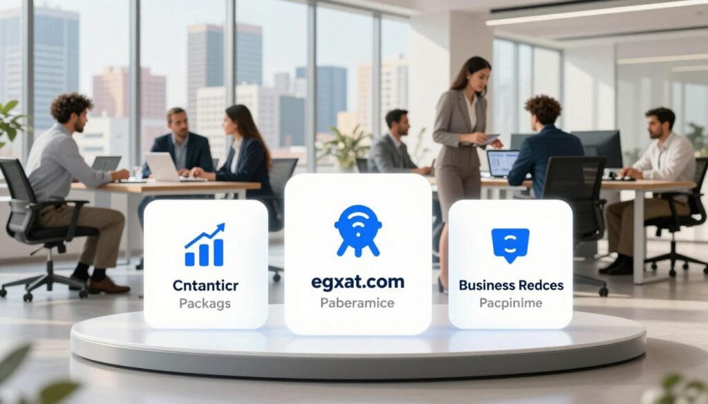 A visually striking representation of subscription packages for "egxat.com", showcasing a variety of digital service tiers tailored for business professionals in Egypt. In the foreground, a sleek circular display features three distinct subscription packages, each labeled with icons symbolizing their benefits, such as analytics, customer support, and business resources. The middle ground transitions into a modern office space, with professionals in smart business attire engaged in discussions and analyzing data on laptops. The background showcases a vibrant cityscape through large windows, symbolizing growth and opportunities. Soft, natural lighting illuminates the scene, creating a welcoming and professional atmosphere. The overall mood conveys innovation, collaboration, and professional growth.