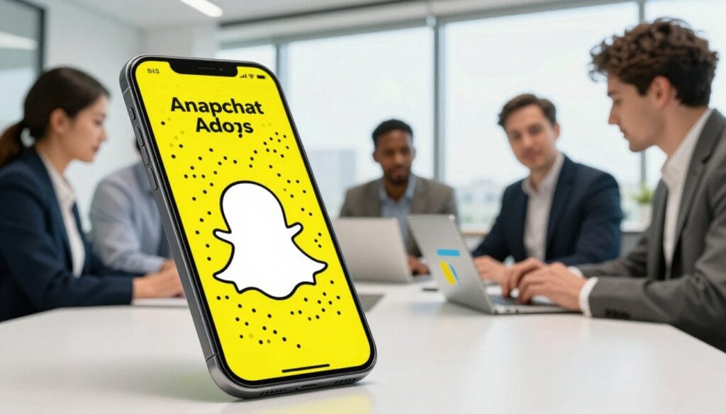 Create an informative and visually appealing image showcasing the features of Snapchat ads for businesses and brands. In the foreground, depict a sleek smartphone displaying a vibrant and engaging Snapchat ad interface, highlighting its interactive elements. In the middle ground, include diverse professionals in business attire, collaborating around a table with digital devices showing analytics and creative strategies, representing teamwork and innovation. The background should feature a modern office space with large windows allowing natural light to flood in, creating a bright and energetic atmosphere. Utilize a dynamic angle that emphasizes the smartphone while clearly showcasing the engaged team. Ensure the overall mood is professional yet creative, symbolizing the opportunities Snapchat ads present for effective promotions. Incorporate a subtle branding element for "egxat.com" within the image, ensuring it blends harmoniously into the design.