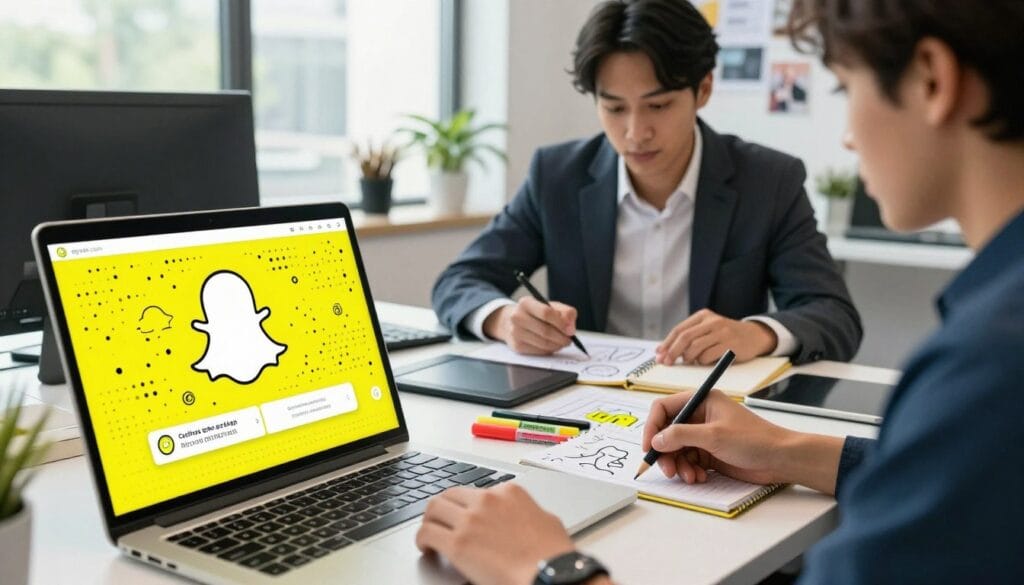 Dynamic and visually striking image of a professional workspace focused on Snapchat ad design. In the foreground, showcase a laptop screen displaying a colorful Snapchat advertisement featuring innovative graphics and engaging visuals. The middle ground features a creative individual, dressed in professional business attire, actively brainstorming and sketching ad concepts on a notepad, surrounded by design tools like colored markers and a digital tablet. In the background, a clean and modern office environment with large windows allowing natural light to flood the space, creating an inspiring atmosphere. Incorporate design elements that hint at the principles of effective advertising, such as mood boards or printouts of successful campaigns. Include subtle branding elements reflecting "egxat.com" in the design workspace, enhancing the professional look without overwhelming the scene. Emphasize a mood of creativity and productivity.