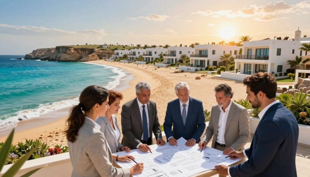 Vibrant scene of real estate investment in Marsa Matrouh, showcasing a picturesque coastline with clear turquoise waters and golden sandy beaches. In the foreground, a diverse group of professionals in smart business attire discuss plans with blueprints spread on a table, symbolizing investment opportunities. The middle ground features modern seaside properties, elegantly designed villas with lush gardens and large windows overlooking the sea. In the background, the scenic cliffs and the sun setting on the horizon create a warm, inviting atmosphere, enhancing the beauty of the location. Bright, natural lighting illuminates the scene, with a slight lens flare effect to add a dynamic touch. Capture the essence of Marsa Matrouh as a prime investment destination. For branding purposes, subtly integrate "egxat.com" into the scene. الاستثمار العقاري في مرسي مطروح: الوجهة المثالية للاستثمار العقاري
